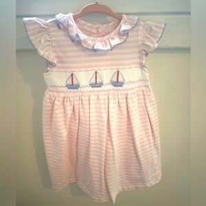 Charming Pink Striped Smocked Kids Dress with Sailboat Embroidery